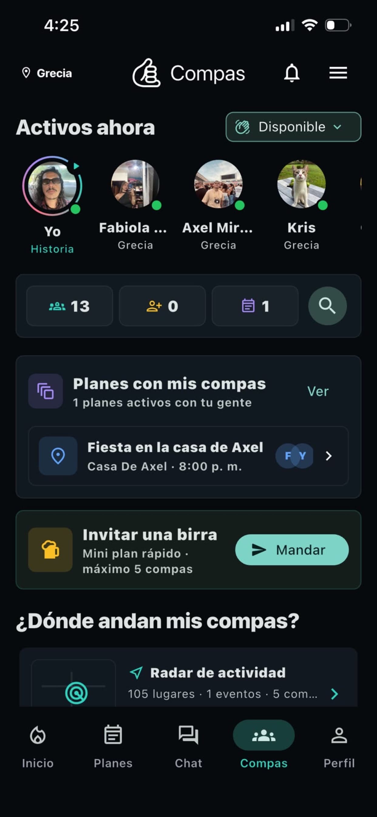 Pantalla de amistades y planes activos en Compas