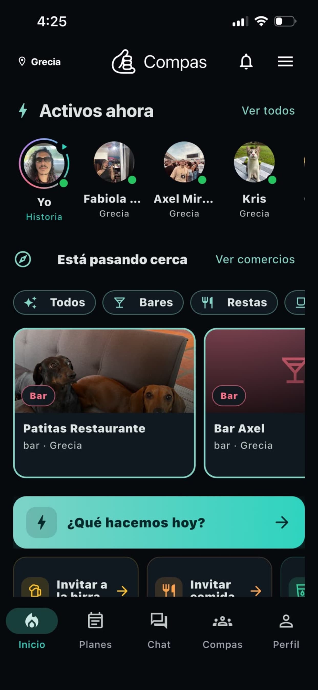 Inicio de Compas con actividad de amistades y comercios cercanos